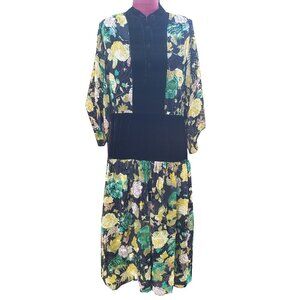 Warm NY Dress Multicolor Floral Burnout Velvet Crew Neck Drop Waist Yoke 0